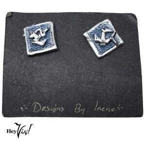 Vintage 90s Pierced Square Earrings Silver w Blue Fabric Original Card - Hey Viv